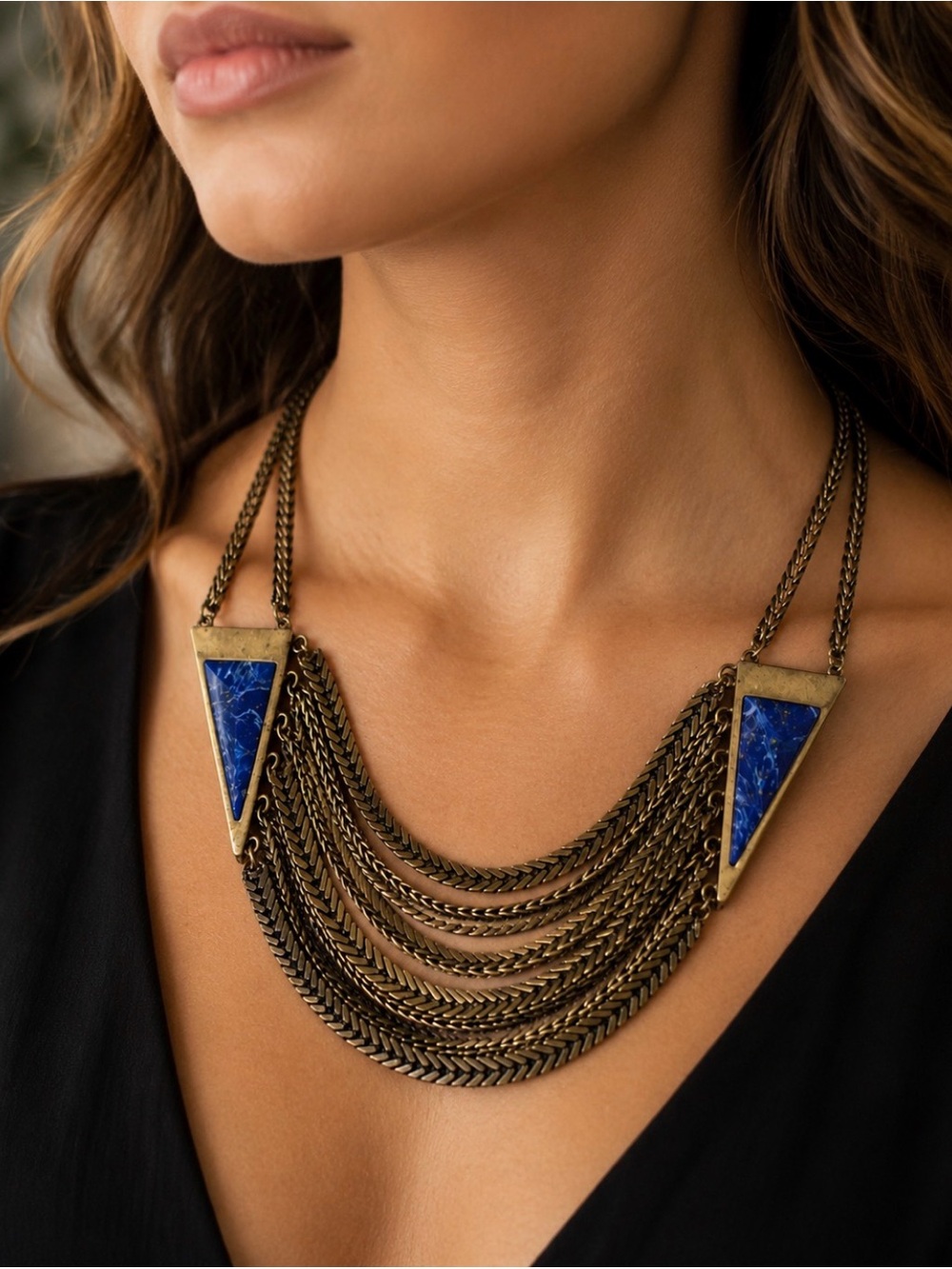 Jenny Bird Brass Multi-Chain Statement Necklace with Blue Lapis Accents